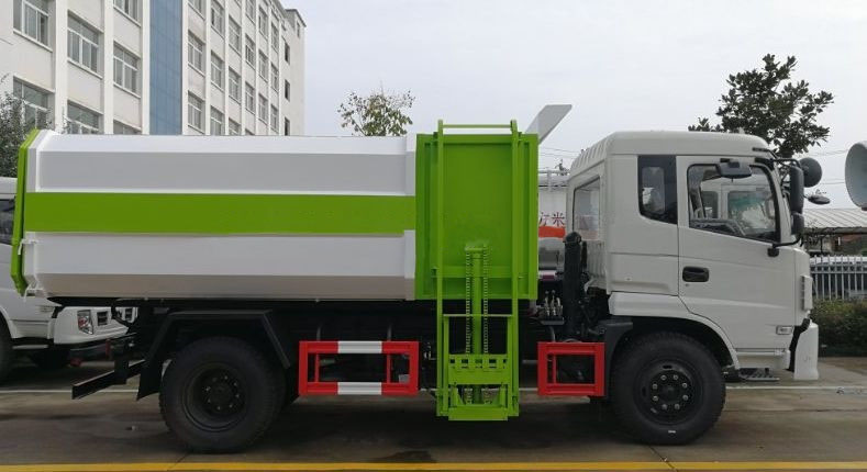 东风专底12方挂桶垃圾车白绿二色搭配正侧面图